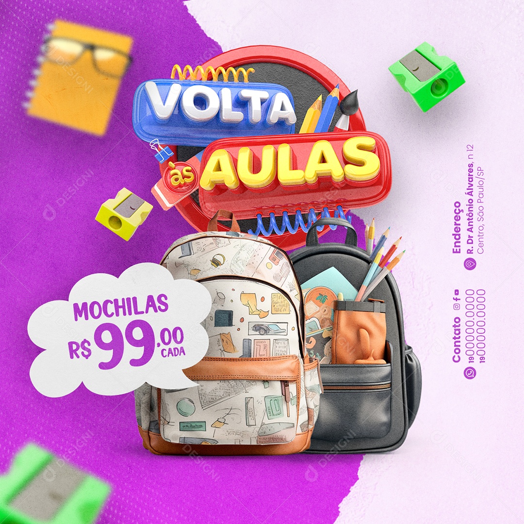 Social Media Volta às Aulas Papelaria Mochilas PSD Editável