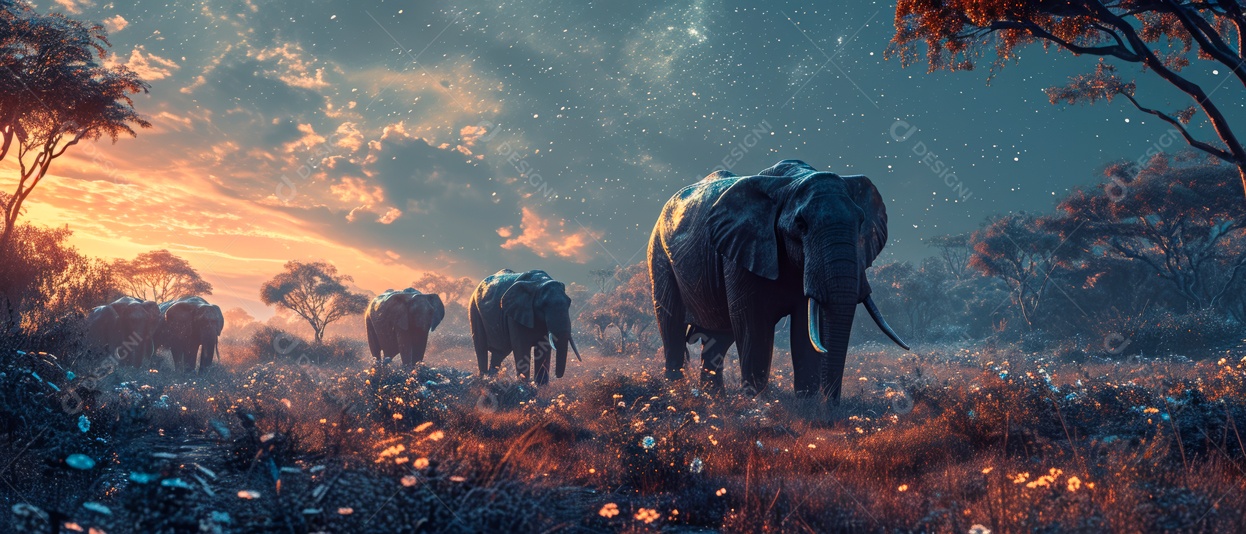 Via Láctea com elefantes selvagens na savana à noite IA generativa.