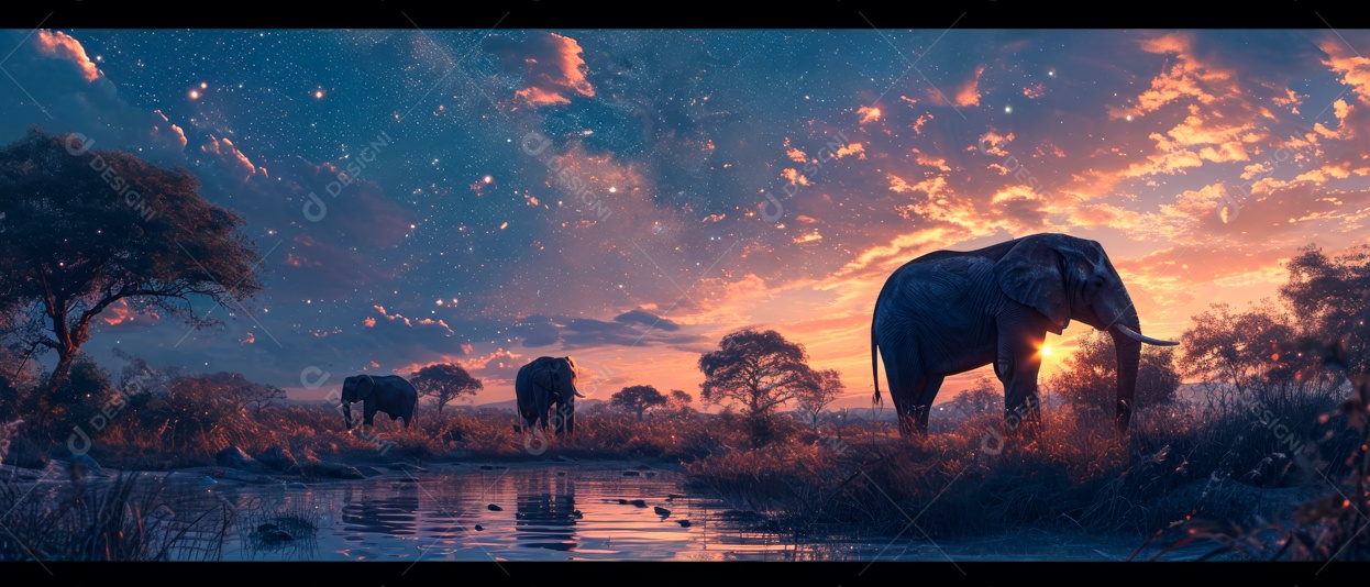 Via Láctea com elefantes selvagens na savana à noite IA generativa.
