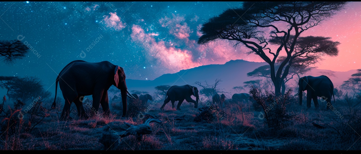 Via Láctea com elefantes selvagens na savana à noite IA generativa.