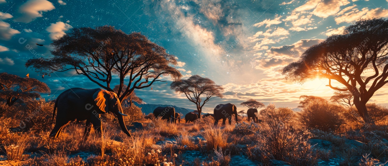 Via Láctea com elefantes selvagens na savana à noite IA generativa.