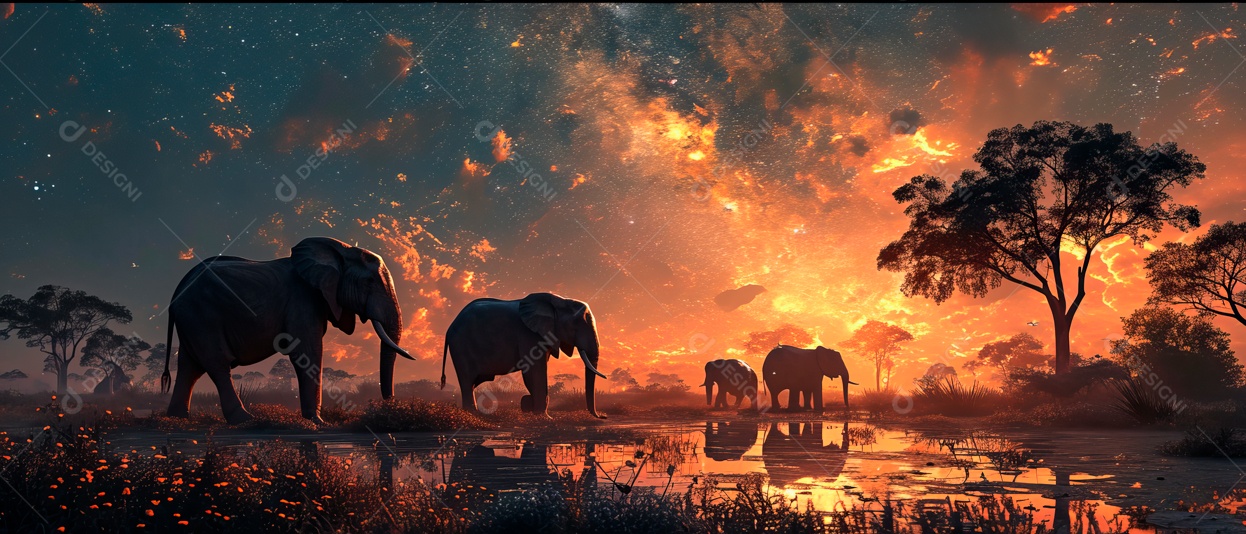 Via Láctea com elefantes selvagens na savana à noite IA generativa.