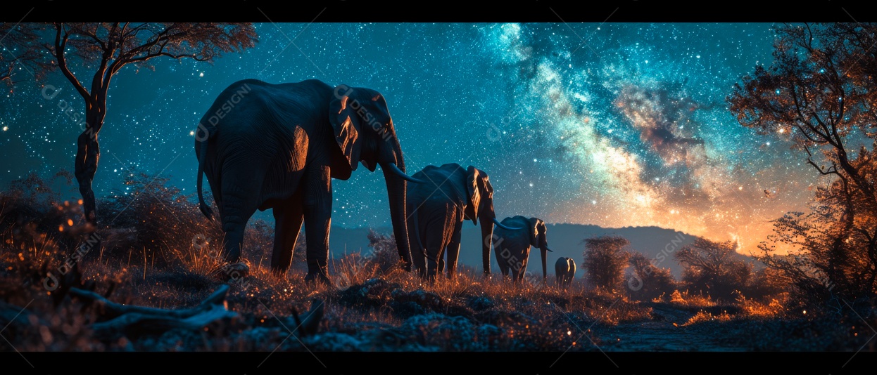Via Láctea com elefantes selvagens na savana à noite IA generativa.