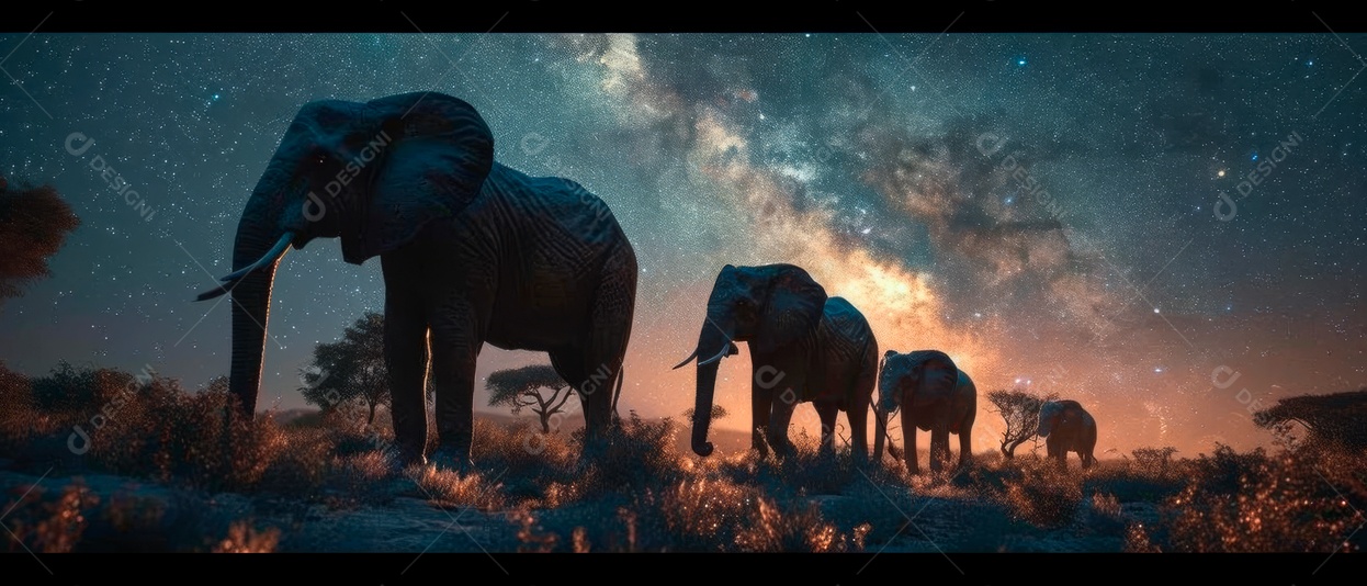 Via Láctea com elefantes selvagens na savana à noite IA generativa.