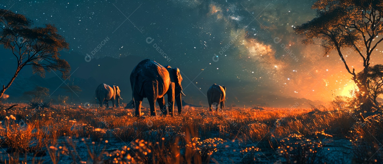 Via Láctea com elefantes selvagens na savana à noite IA generativa.