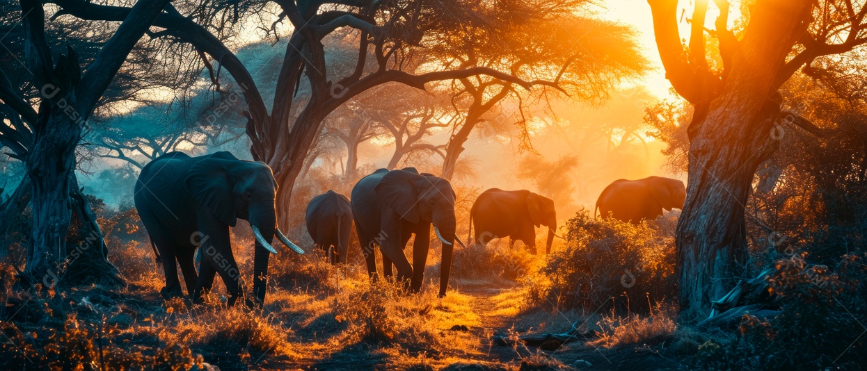 Via Láctea com elefantes selvagens na savana à noite IA generativa.