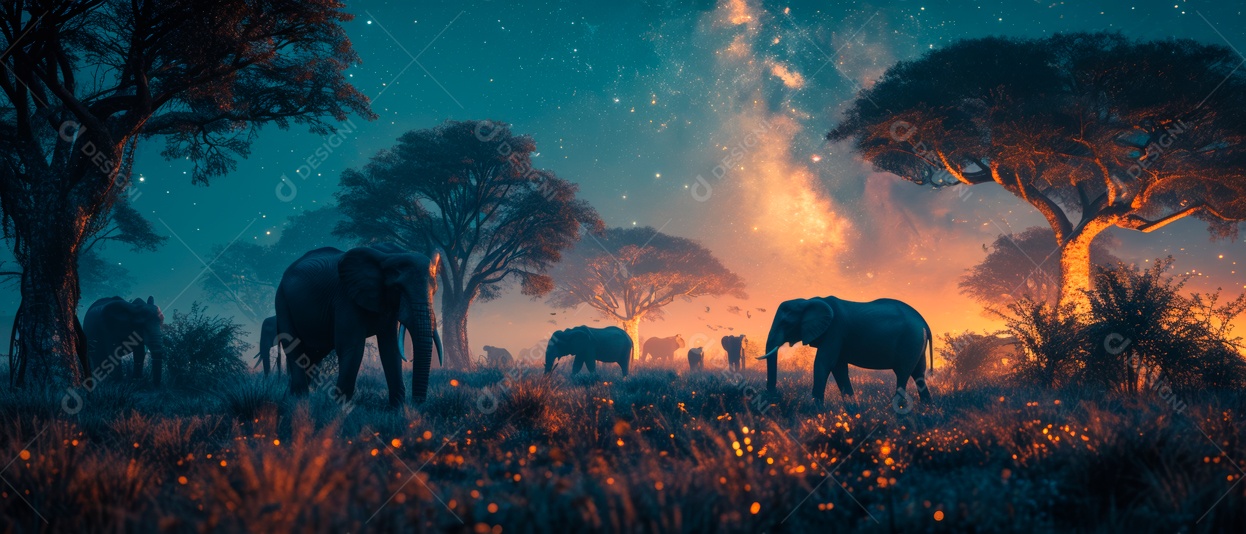 Via Láctea com elefantes selvagens na savana à noite IA generativa.