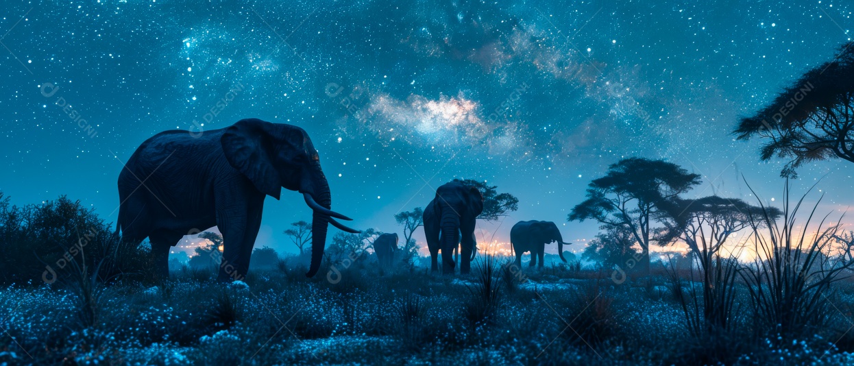 Via Láctea com elefantes selvagens na savana à noite IA generativa.
