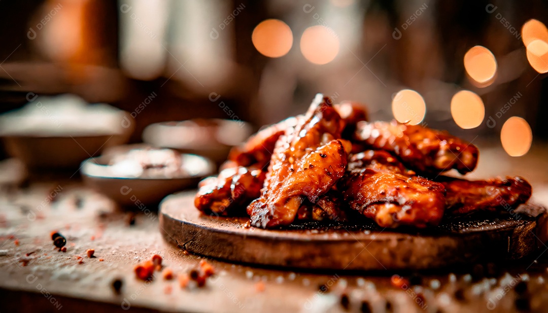 Coxas frango sobre tábua madeira