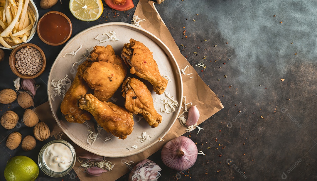 Coxas de frango sobre prato em uma mesa de pedra