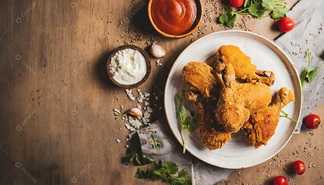 Coxas de frango empanadas e fritas sobre prato branco