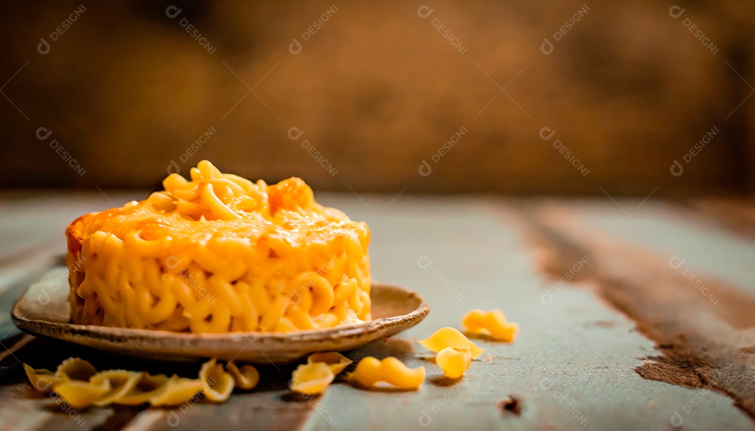 Macarrão assado sobre tábua de madeira