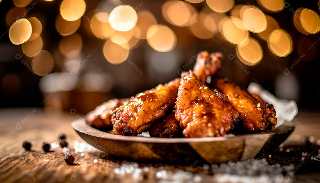 Coxas de frango frita sobre prato em uma mesa de madeira