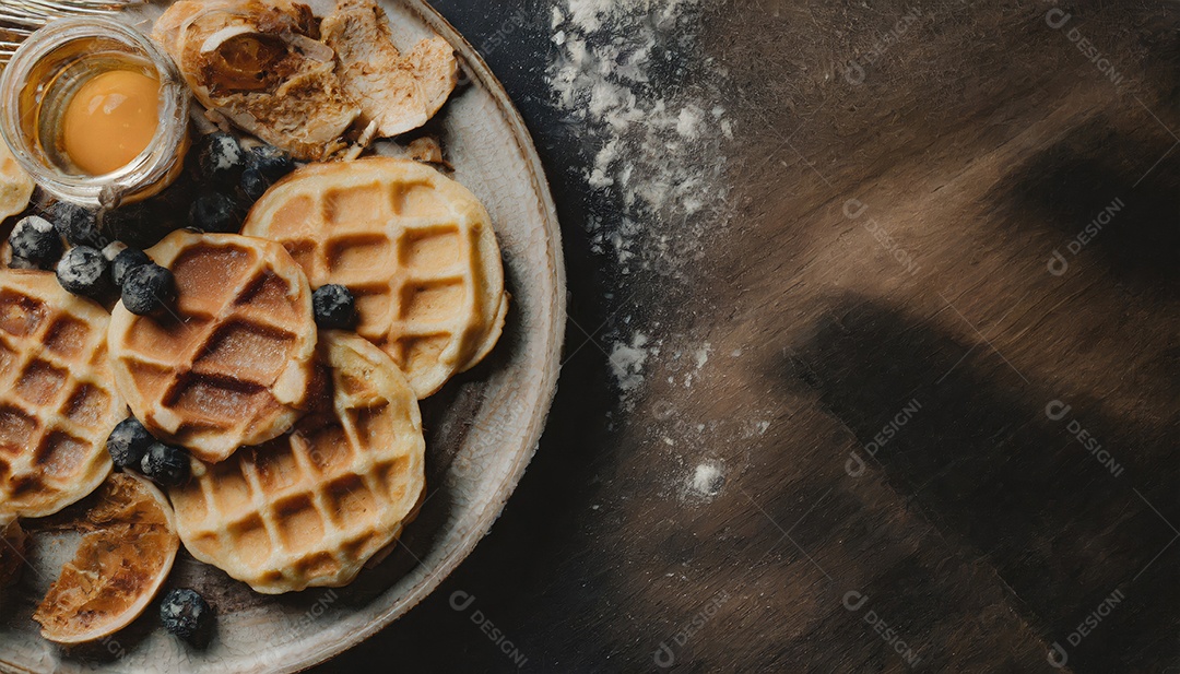 Waffle sobre prato em uma mesa de madeira