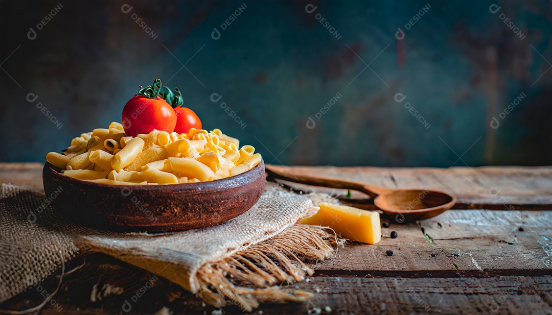 Macarrão sobre tigela em uma mesa de madeira