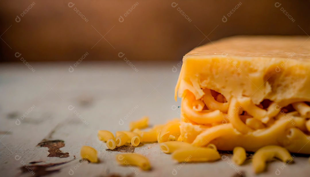 Macarrão assado sobre tigela em uma mesa de madeira