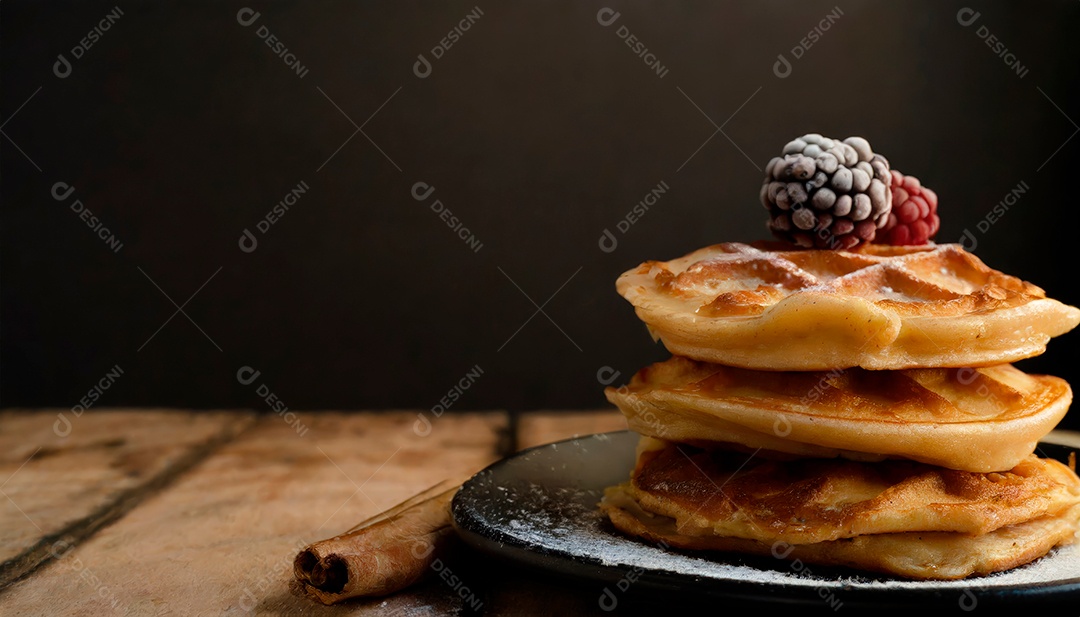 Waffle sobre prato em uma mesa de madeira