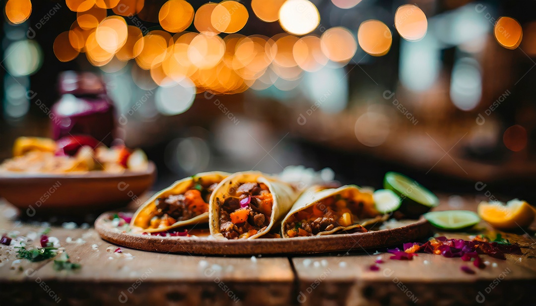 Tacos sobre uma bandeja em uma mesa de madeira