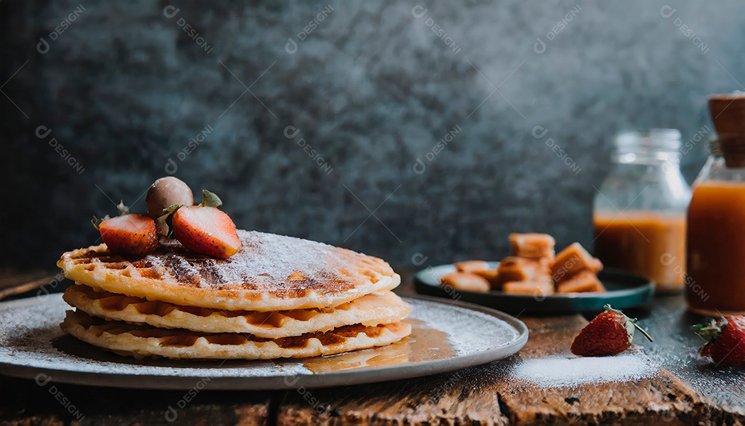 Waffle sobre prato em uma mesa de madeira