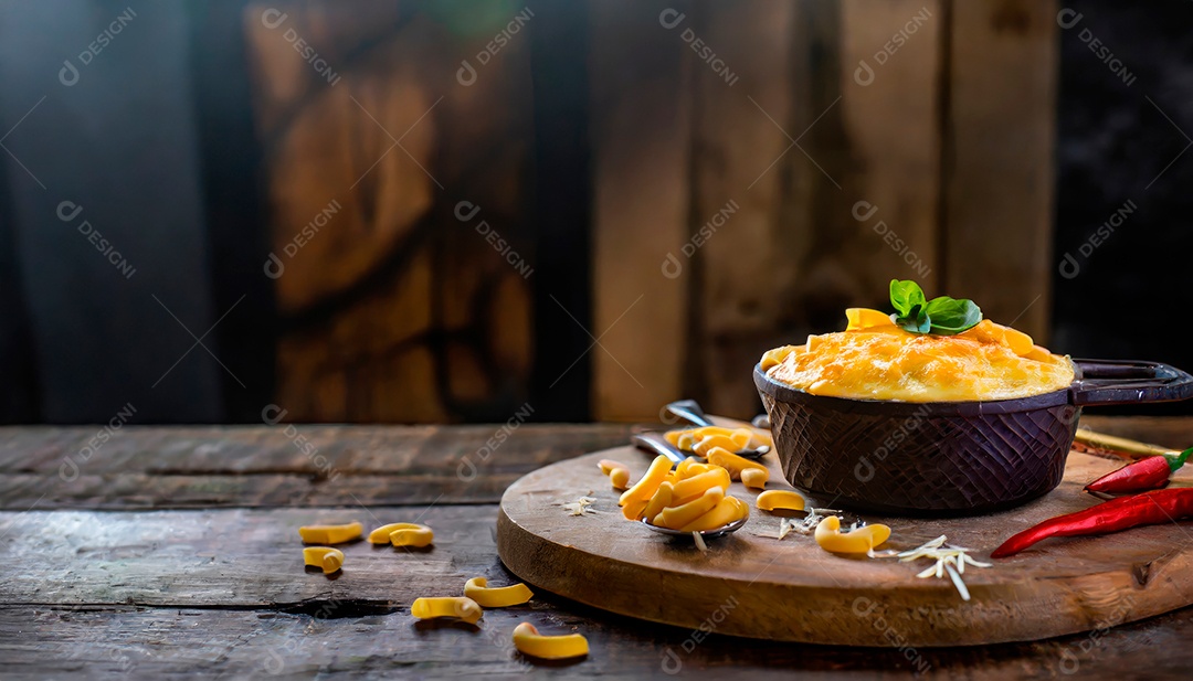 Macarrão assado sobre tigela em uma mesa de madeira