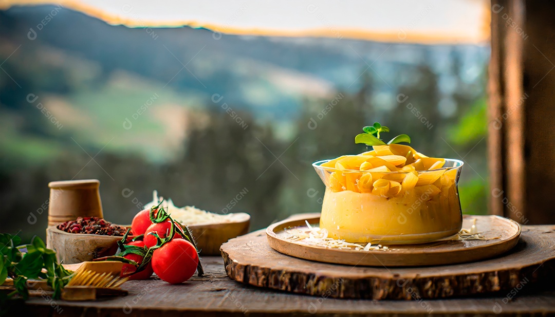 Pasta with cheese over bowl on a wooden table