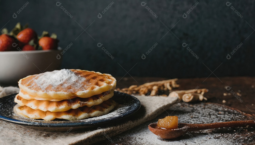Waffle sobre prato em uma mesa de madeira