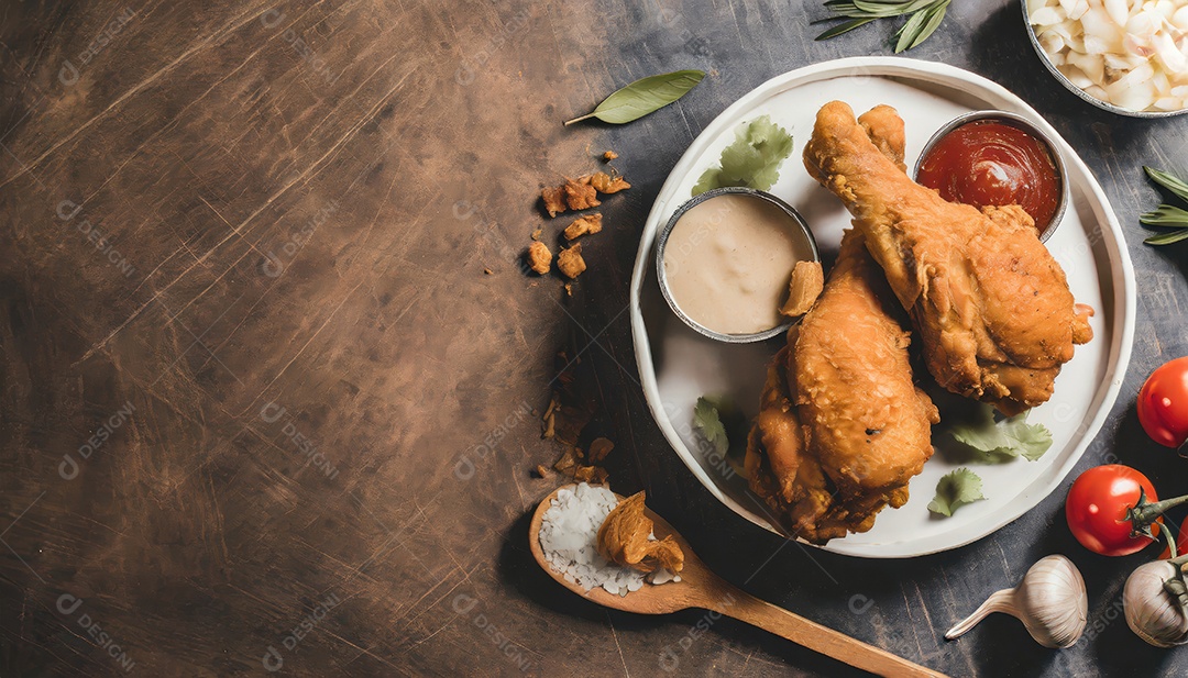 Coxas de frango sobre prato branco em uma mesa de maderia
