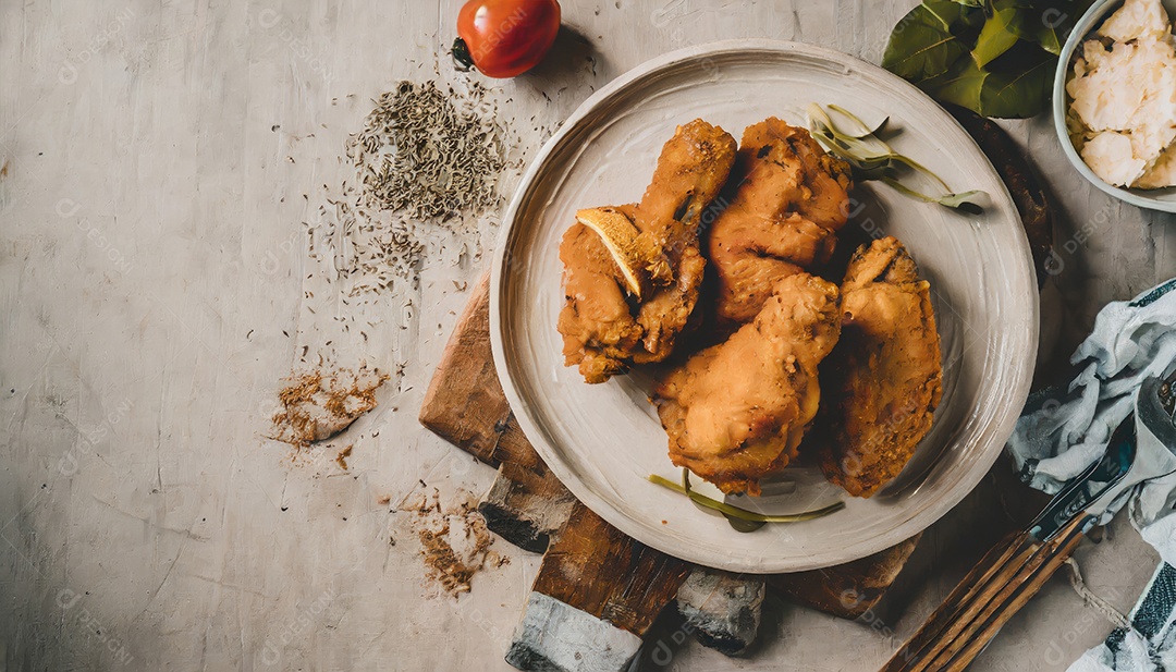 Carne de frango sobre um prato branco em uma mesa de madeira
