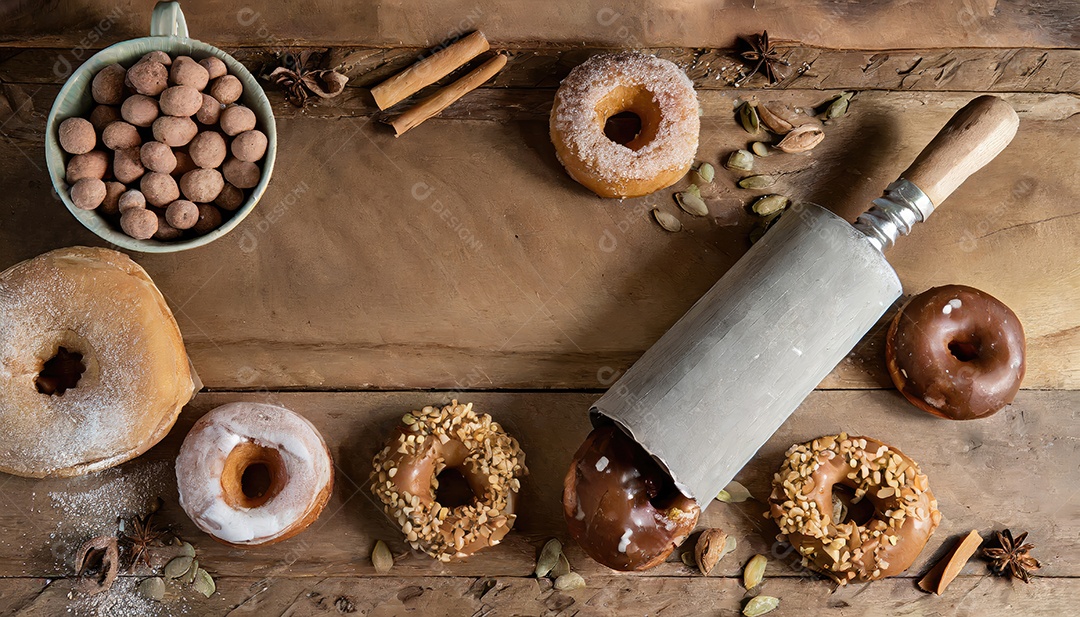 Donuts sobre uma mesa de madeira