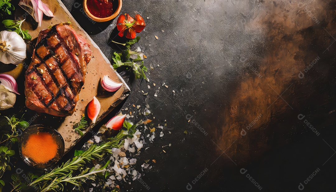 Carne deliciosa grelhada sobre uma tábua de madeira