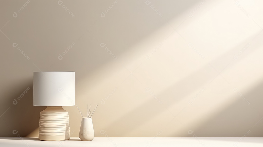 Renderização 3D de um abajur branco e um vaso na parede