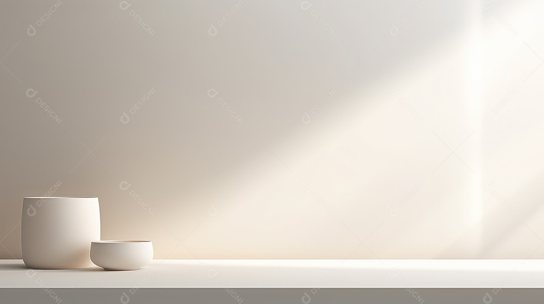 Renderização 3D de prateleira branca com dois pódios redondos