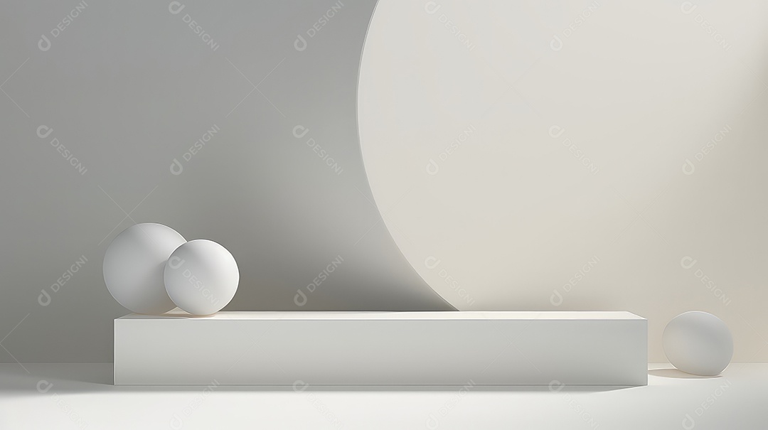 Cena minimalista com pódio e bolas brancas