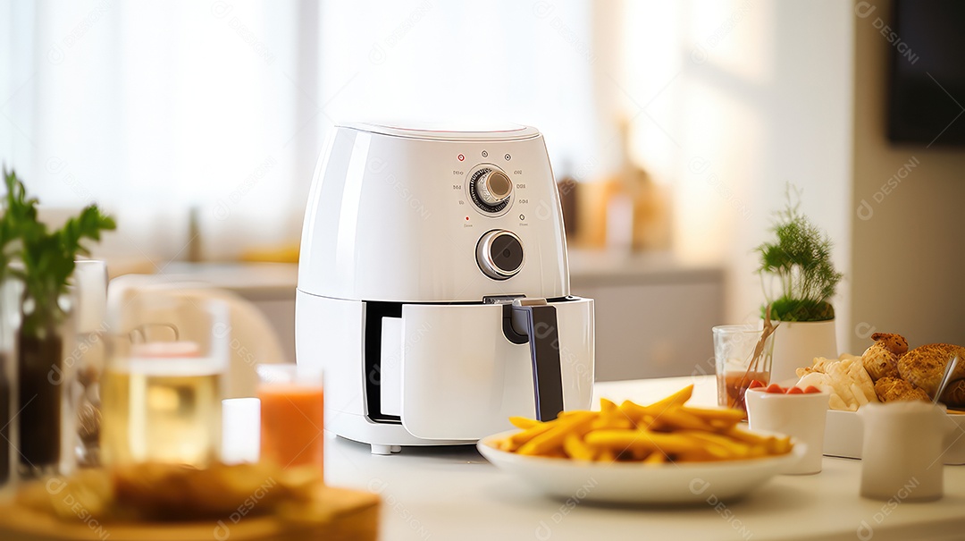 Máquina de batata frita elétrica moderna com batatas fritas na mesa da cozinha