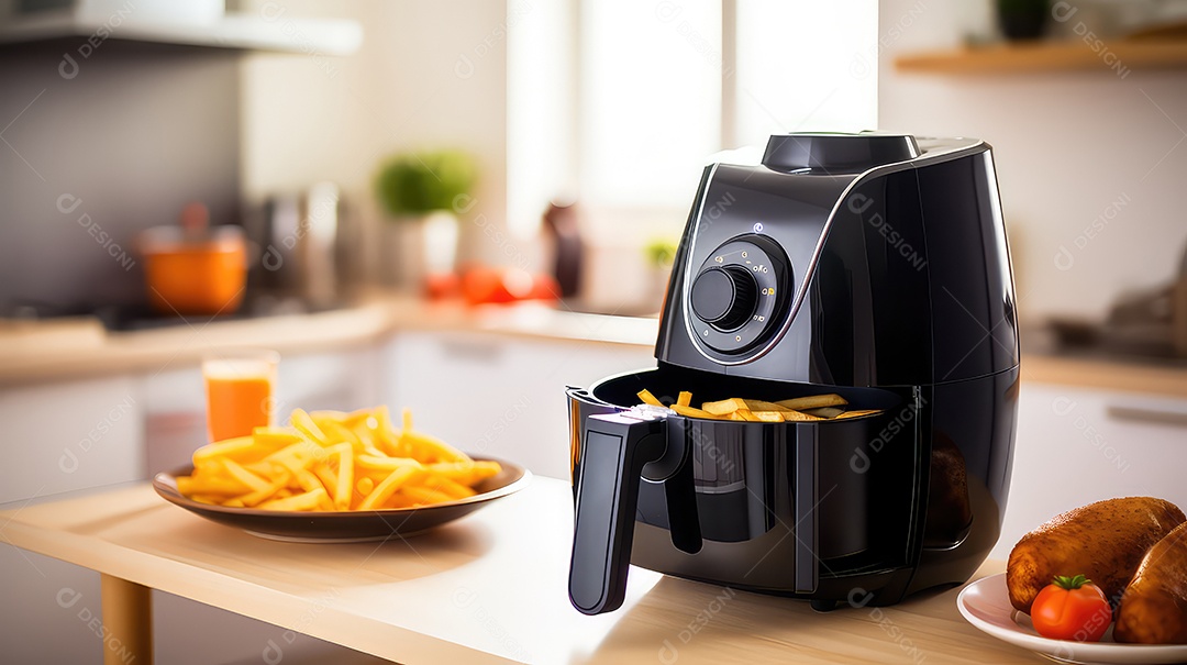 Máquina de batata frita elétrica moderna com batatas fritas na mesa da cozinha