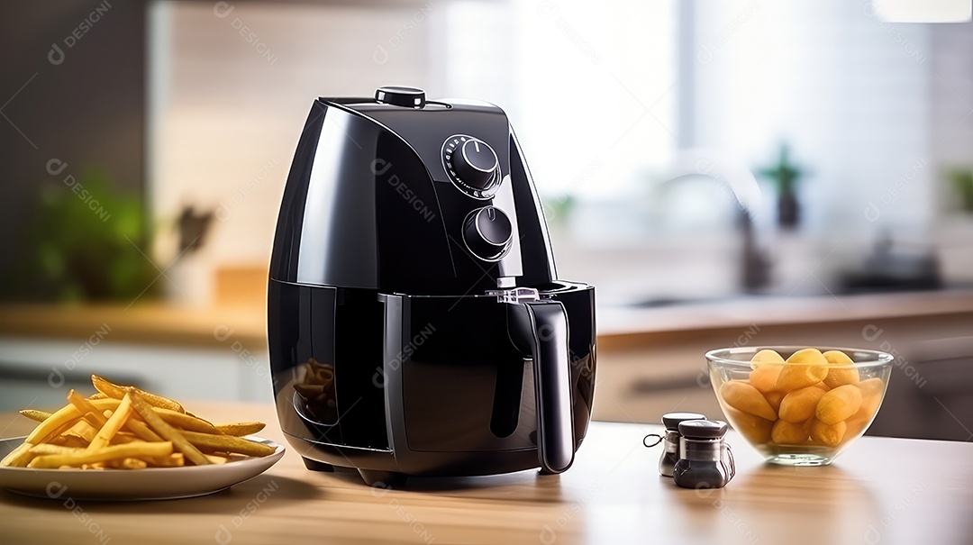 Máquina elétrica moderna com batatas fritas na mesa da cozinha