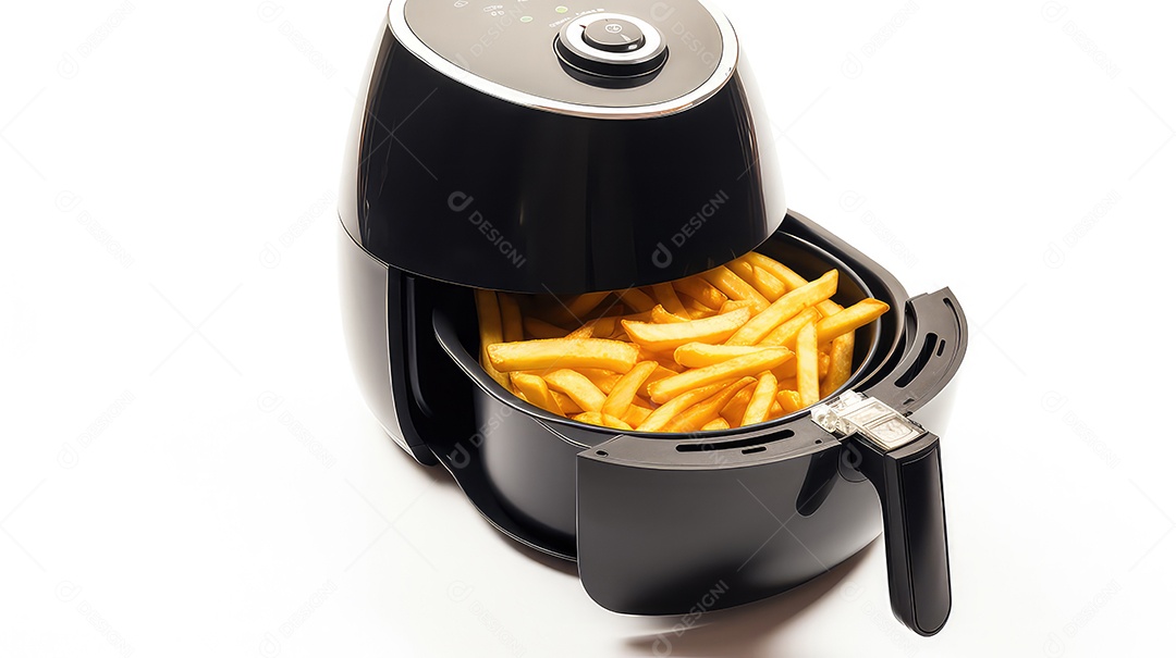 Batatas fritas em uma torradeira elétrica moderna isolada em um fundo branco