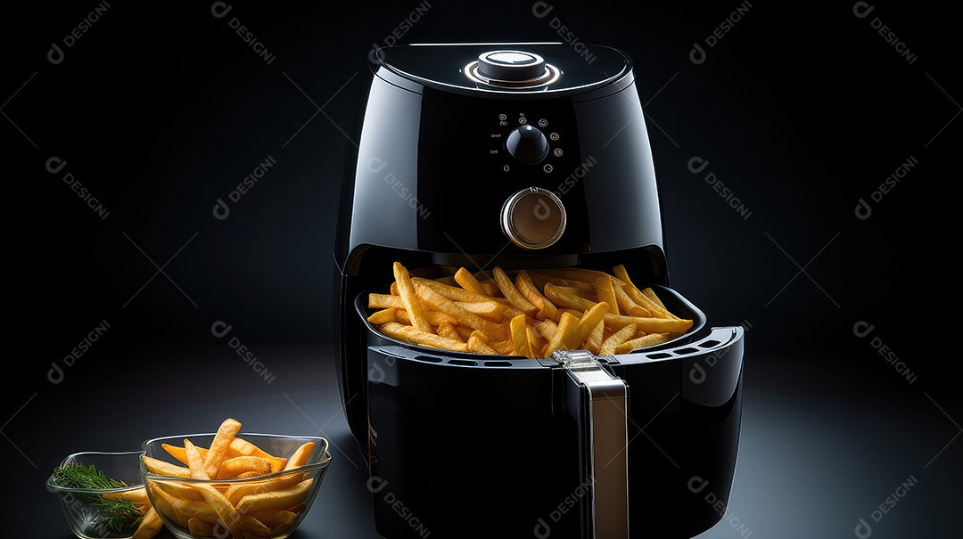 Batatas fritas em uma torradeira moderna isolada em um fundo branco