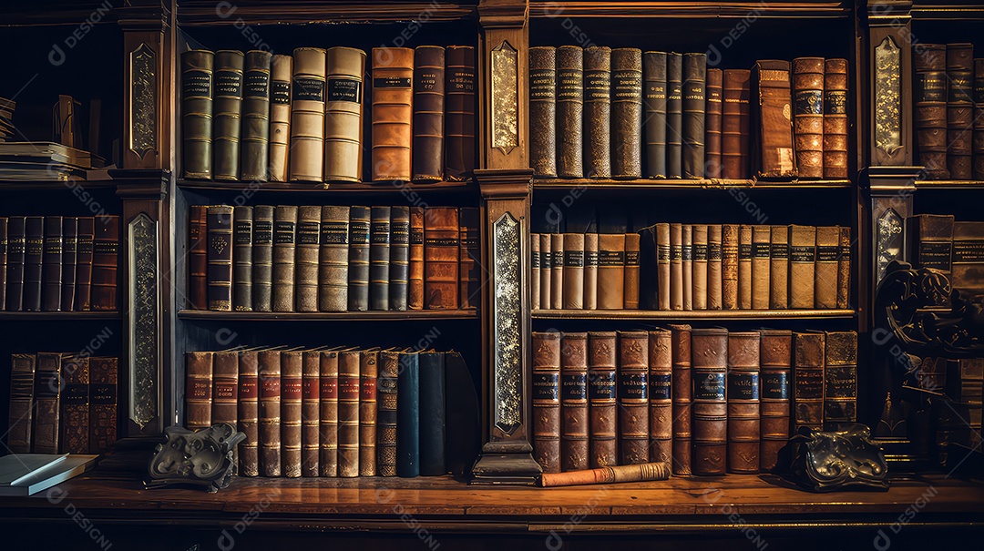 Livros antigos em uma estante de biblioteca. Imagem em tons de estilo retrô