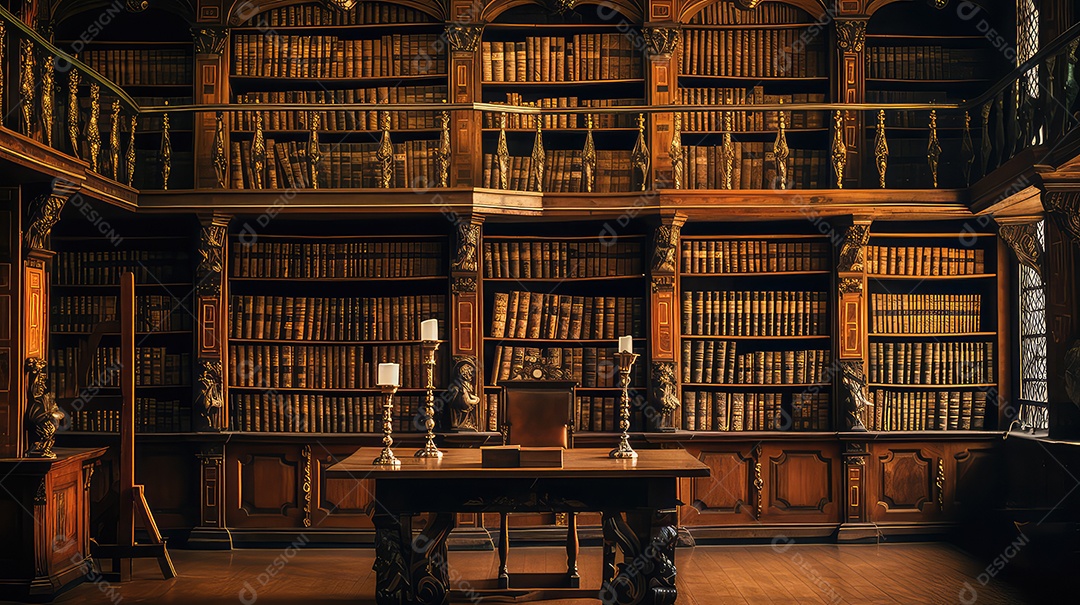 Estante antiga com muitos livros em uma biblioteca antiga