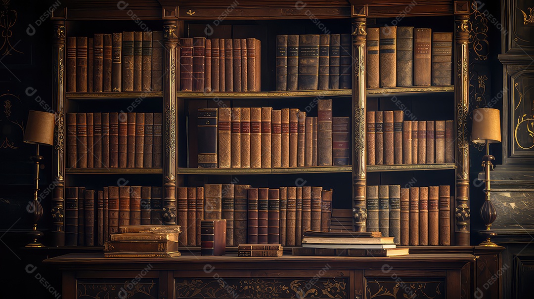 Estante antiga com livros velhos no quarto escuro