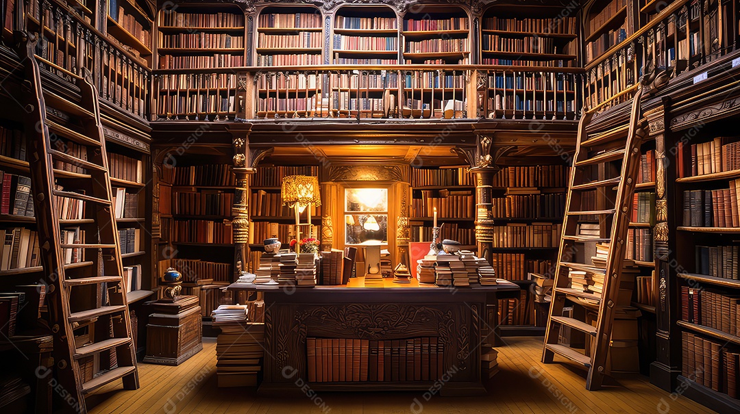 Estante antiga com muitos livros em uma biblioteca antiga