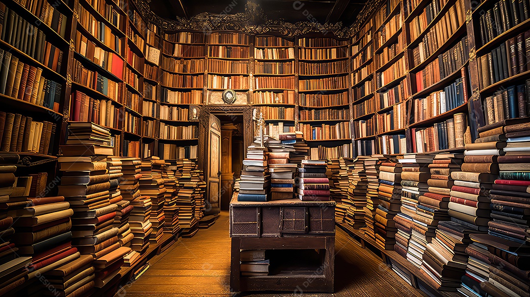 Estante antiga com muitos livros em uma biblioteca antiga