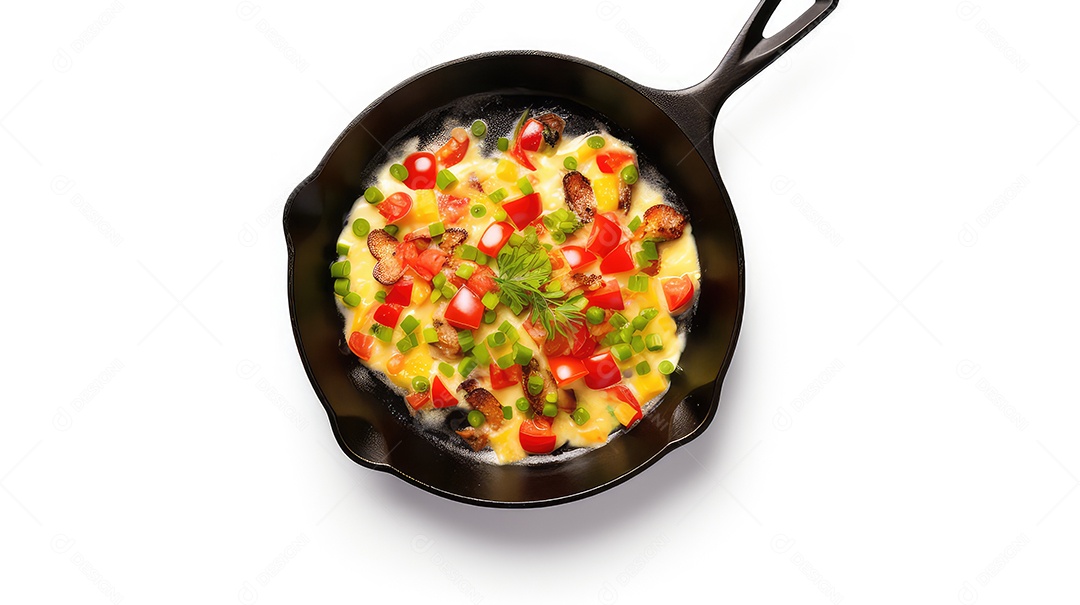 Omelete com bacon e salsa em fundo branco