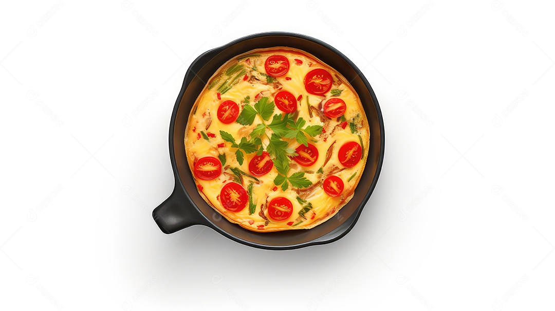 Omelete com bacon e salsa em fundo branco