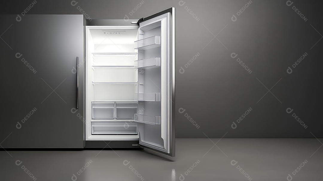 Geladeira aberta e vazia em interior cinza. Maquete de renderização