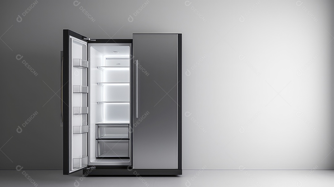 Geladeira aberta e vazia em interior cinza maquete de renderização