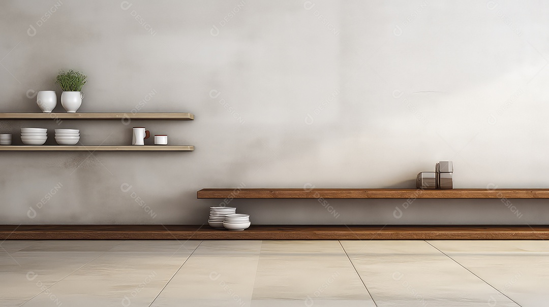 Interior de sala de estar moderna com prateleira de madeira e parede de concreto