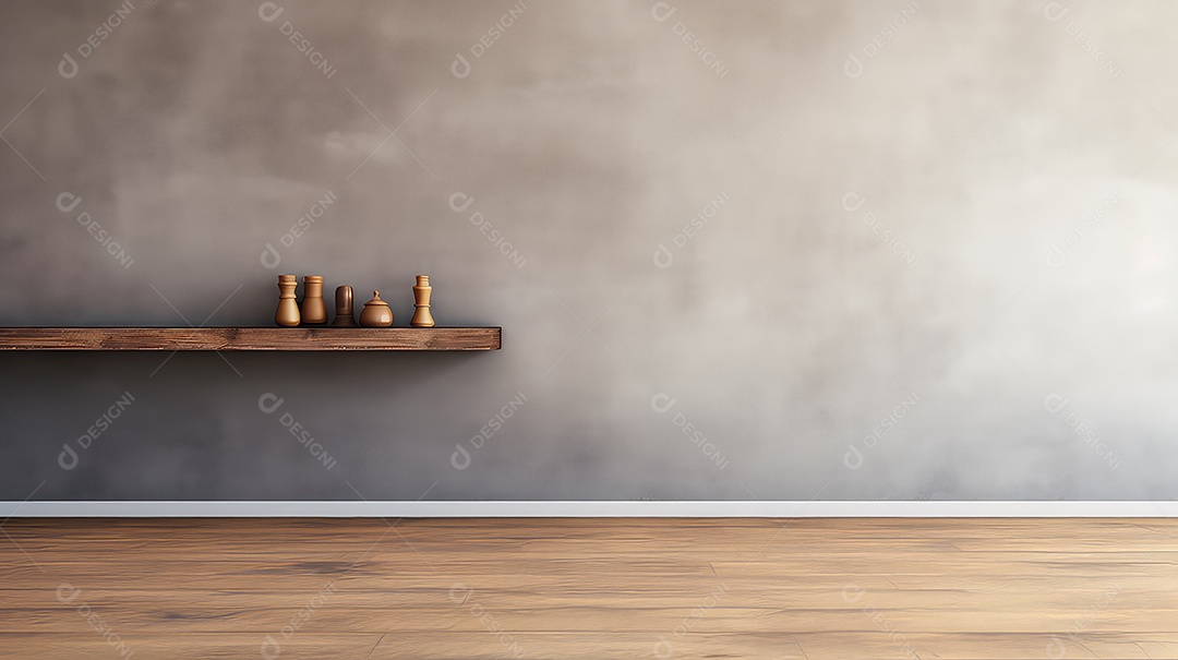 Interior de sala de estar moderna com prateleira de madeira marrom e parede de concreto