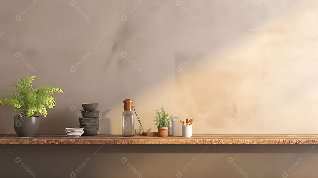 Interior de sala de estar moderna com prateleira de madeira marrom e parede de concreto